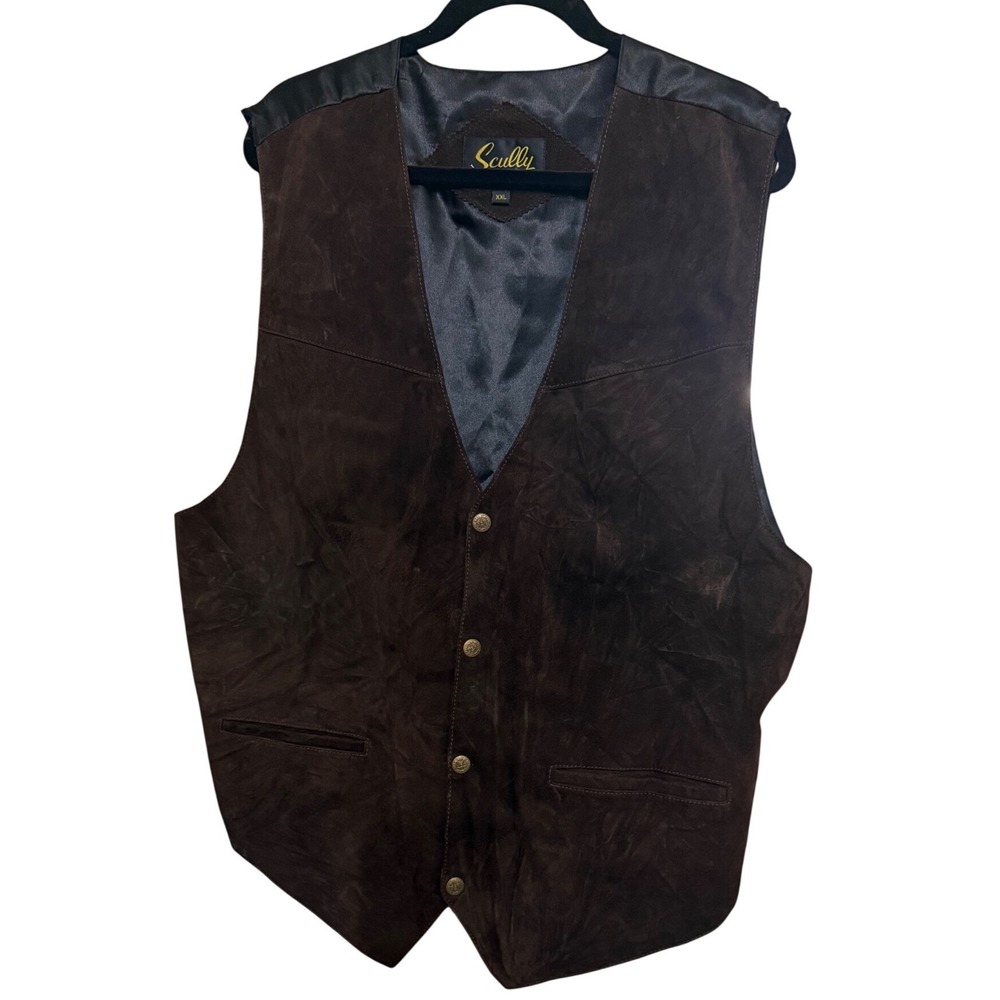 Scully Mens XXL Dk Brown Suede Western Vest Leather Trim Button Front Cinch Back